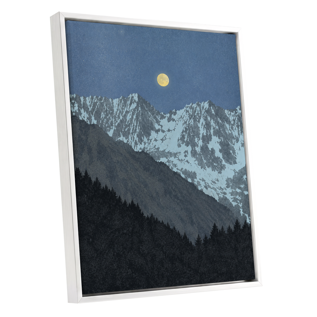 Moon Over Silent Peaks, blue, gray, black nature wall art shown as a white framed canvas wall art