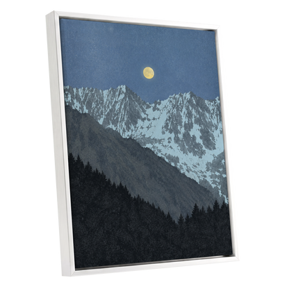 Moon Over Silent Peaks, blue, gray, black nature wall art shown as a white framed canvas wall art