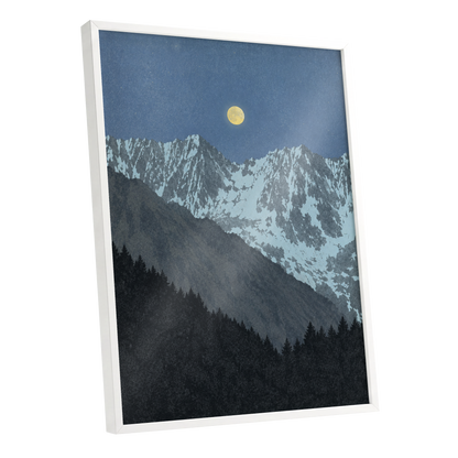 Moon Over Silent Peaks, blue, gray, black nature wall art shown as a white framed poster wall art print