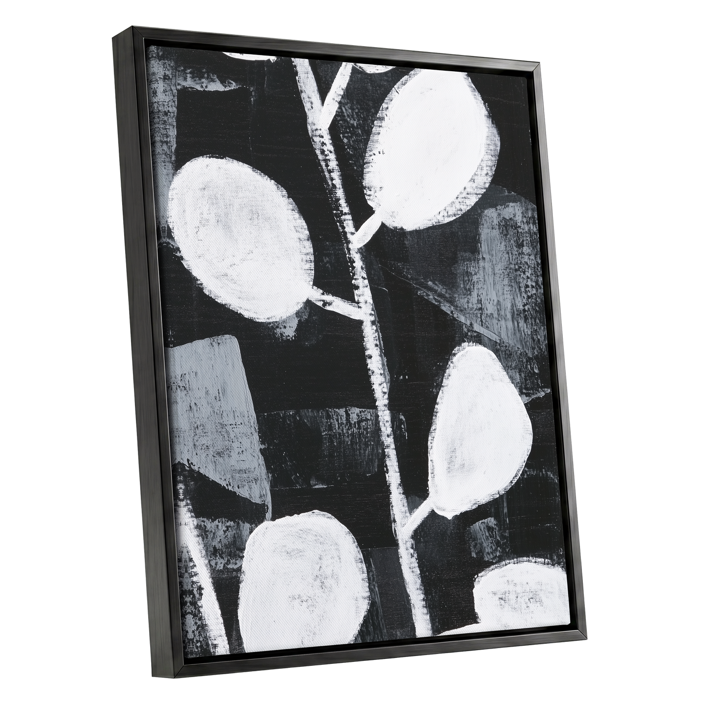 Moonleaf Nocturne, black, white, gray nature wall art shown as a black framed canvas wall art