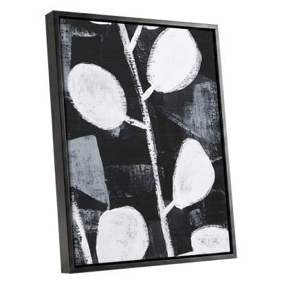 Moonleaf Nocturne, black, white, gray nature wall art shown as a black framed canvas wall art