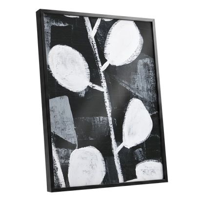 Moonleaf Nocturne, black, white, gray nature wall art shown as a black framed poster wall art print