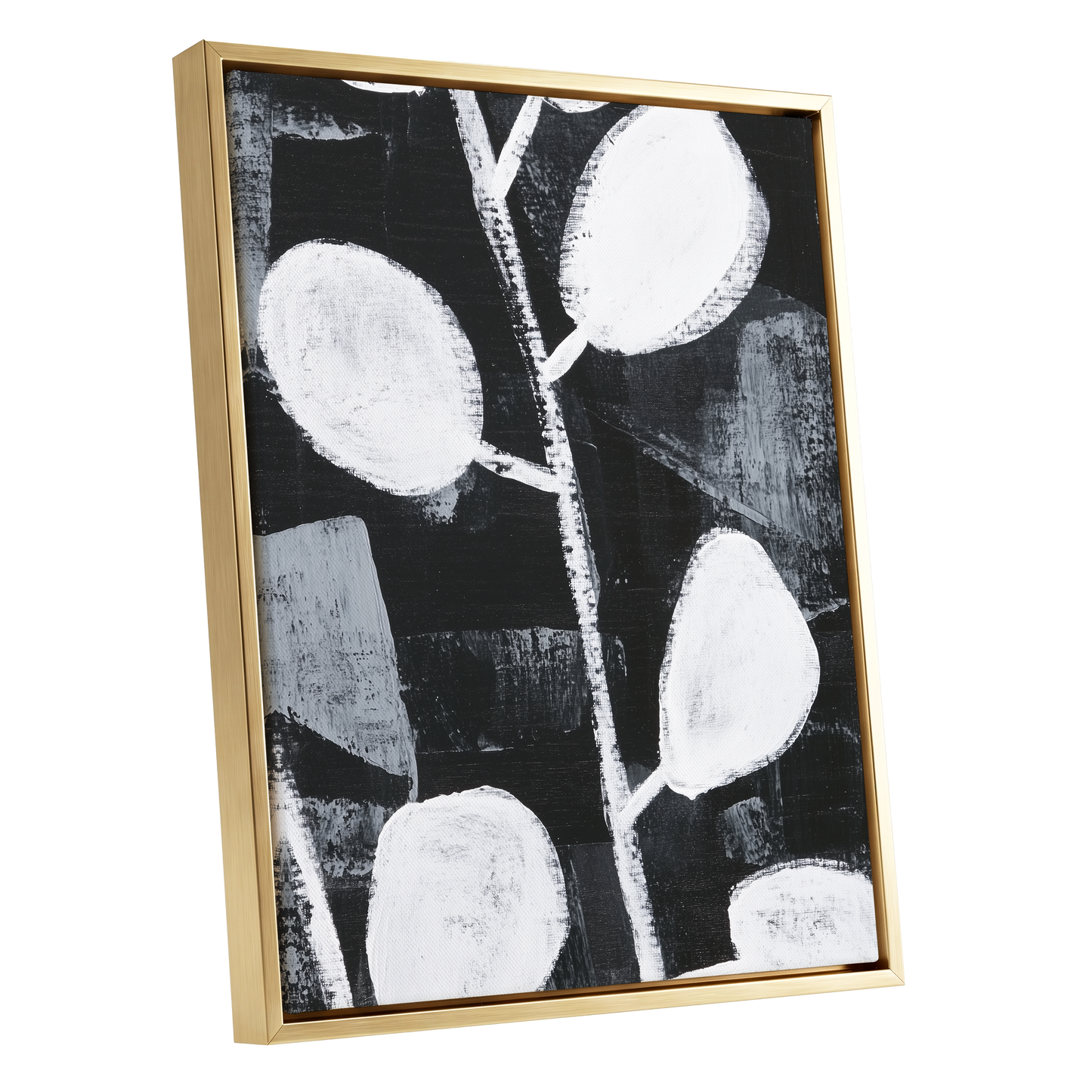 Moonleaf Nocturne, black, white, gray nature wall art shown as a gold framed canvas wall art