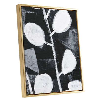 Moonleaf Nocturne, black, white, gray nature wall art shown as a gold framed canvas wall art