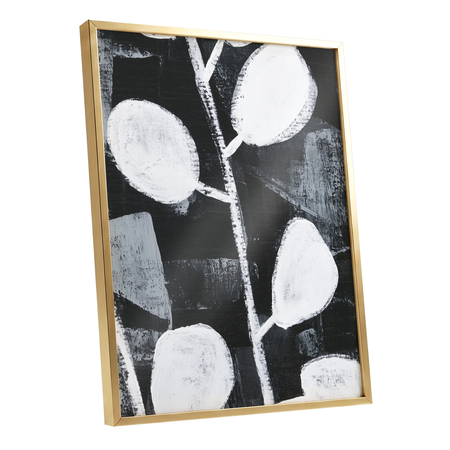 Moonleaf Nocturne, black, white, gray nature wall art shown as a gold framed poster wall art print