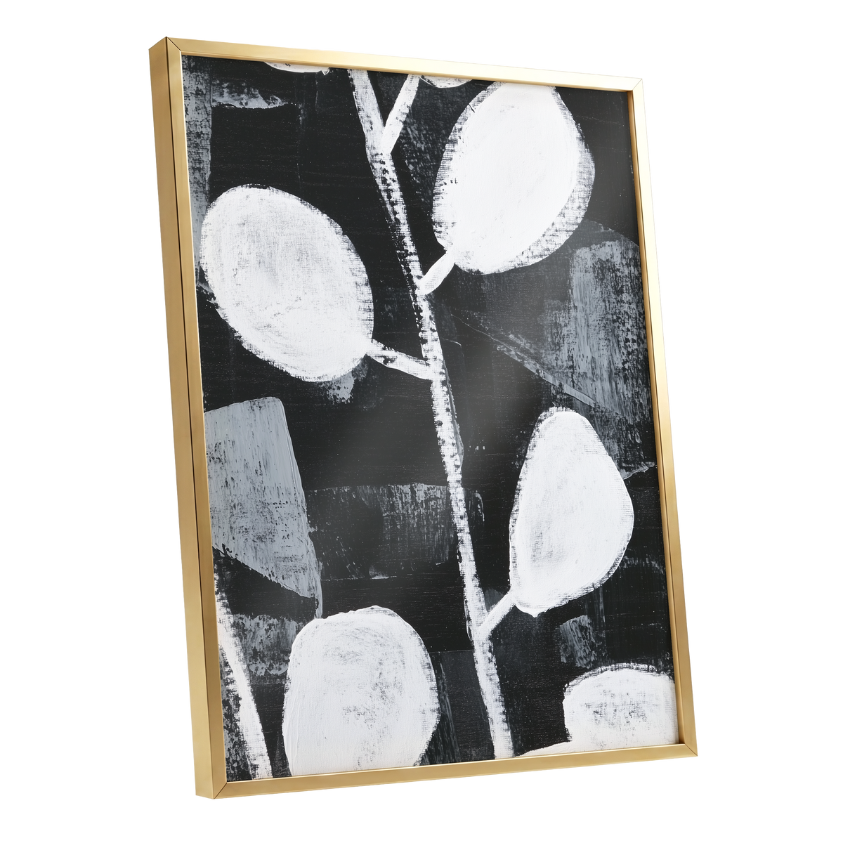 Moonleaf Nocturne, black, white, gray nature wall art shown as a gold framed poster wall art print