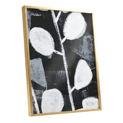 Moonleaf Nocturne, black, white, gray nature wall art shown as a gold framed poster wall art print