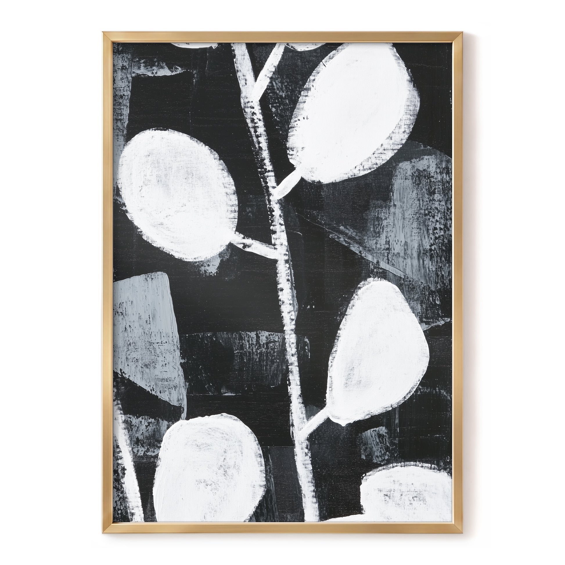 Moonleaf Nocturne, black, white, gray nature wall art, front artwork view