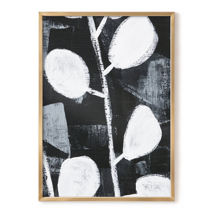 Moonleaf Nocturne, black, white, gray nature wall art, front artwork view