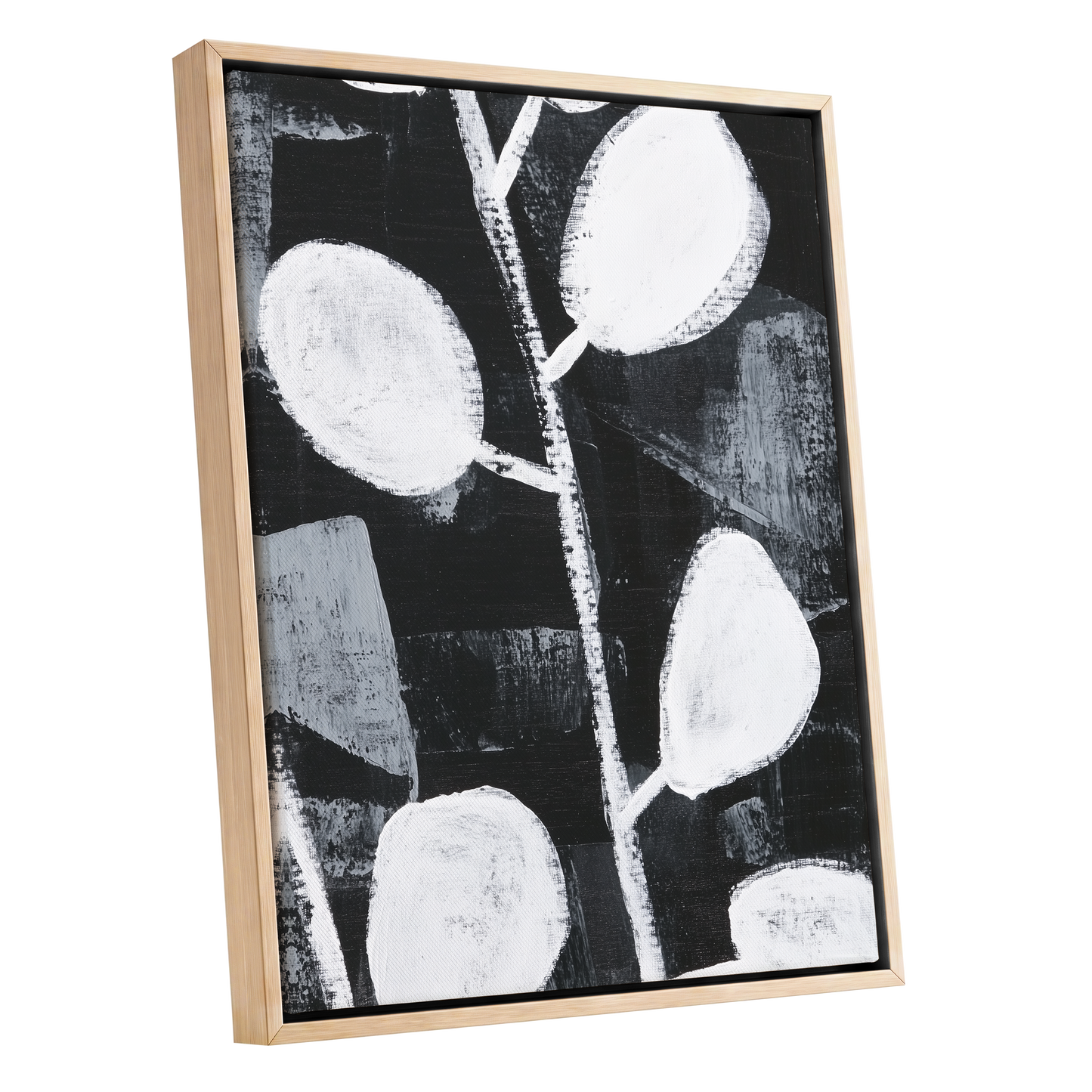 Moonleaf Nocturne, black, white, gray nature wall art shown as a oak framed canvas wall art