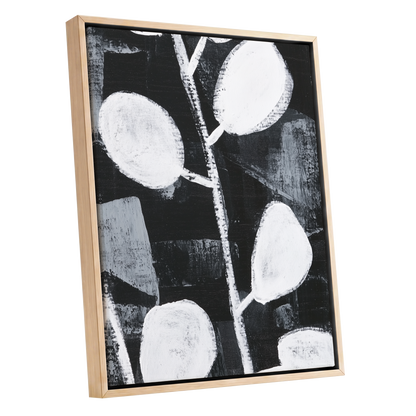 Moonleaf Nocturne, black, white, gray nature wall art shown as a oak framed canvas wall art