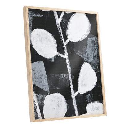Moonleaf Nocturne, black, white, gray nature wall art shown as a oak framed poster wall art print