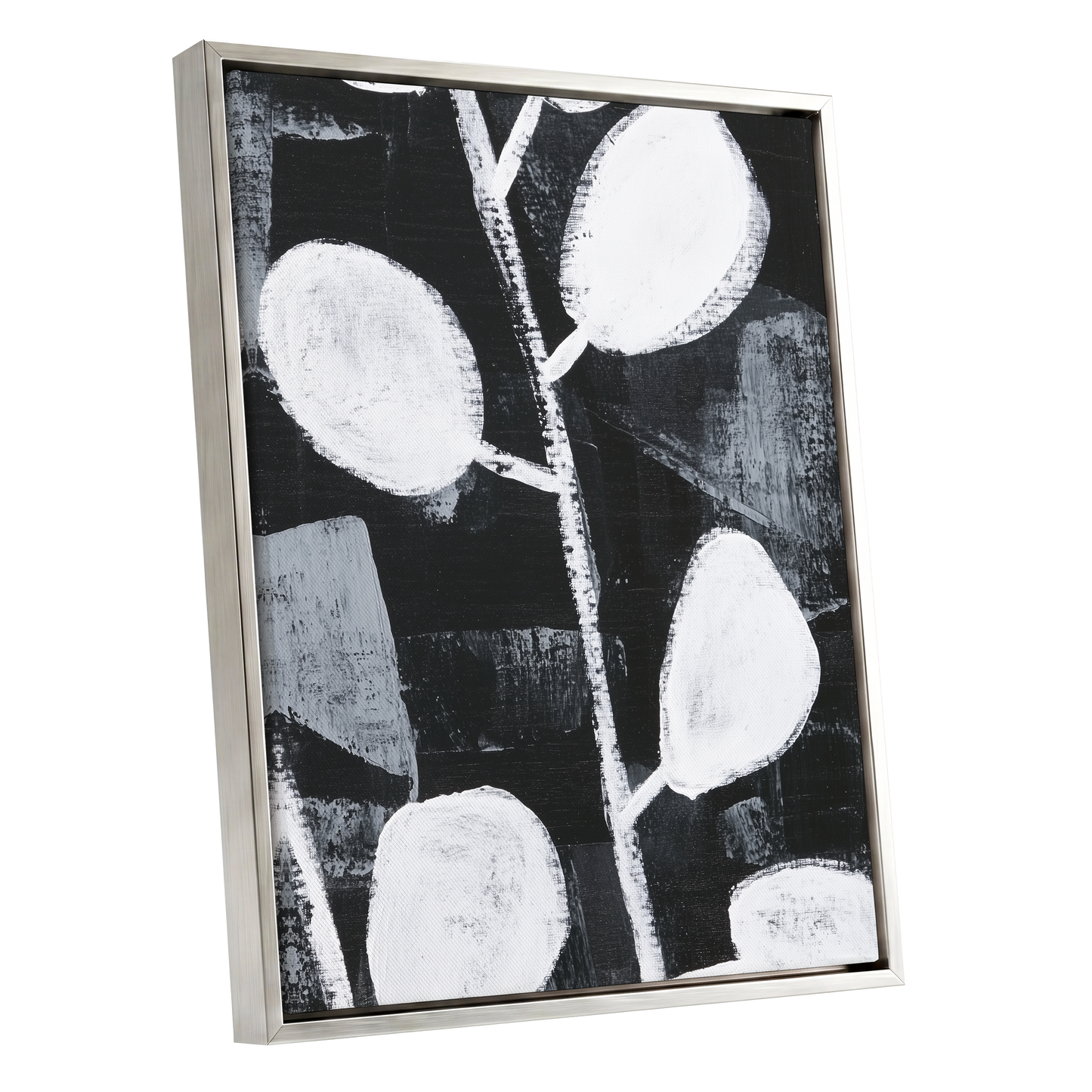 Moonleaf Nocturne, black, white, gray nature wall art shown as a silver framed canvas wall art