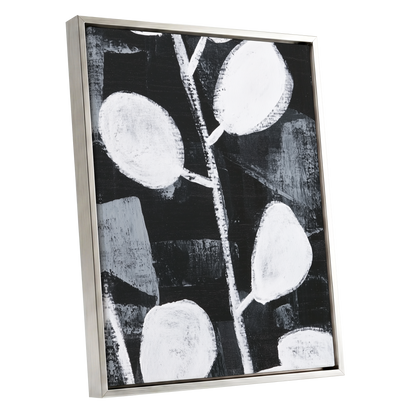 Moonleaf Nocturne, black, white, gray nature wall art shown as a silver framed canvas wall art