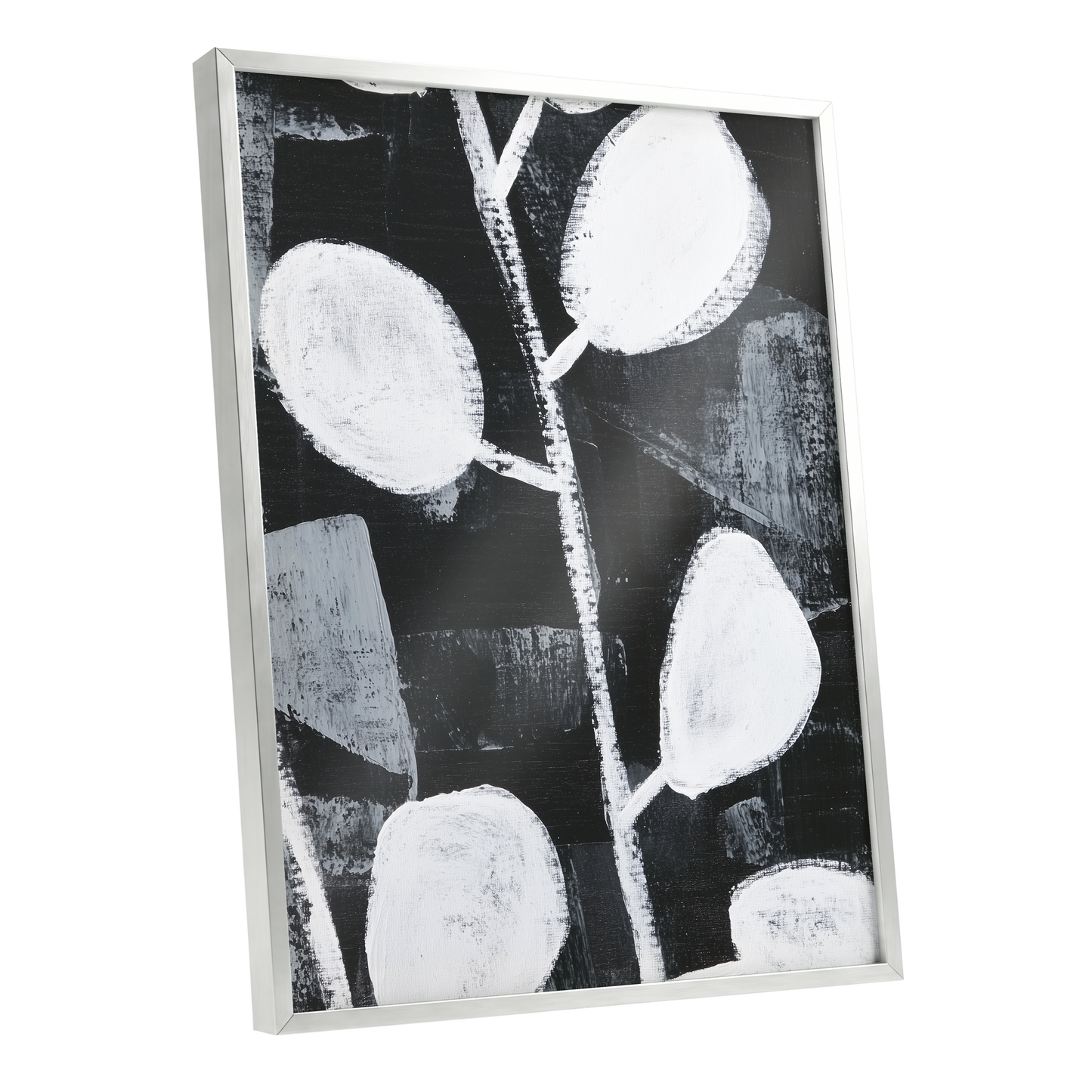 Moonleaf Nocturne, black, white, gray nature wall art shown as a silver framed poster wall art print