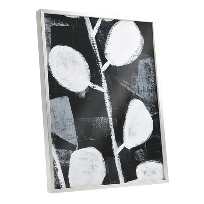 Moonleaf Nocturne, black, white, gray nature wall art shown as a silver framed poster wall art print