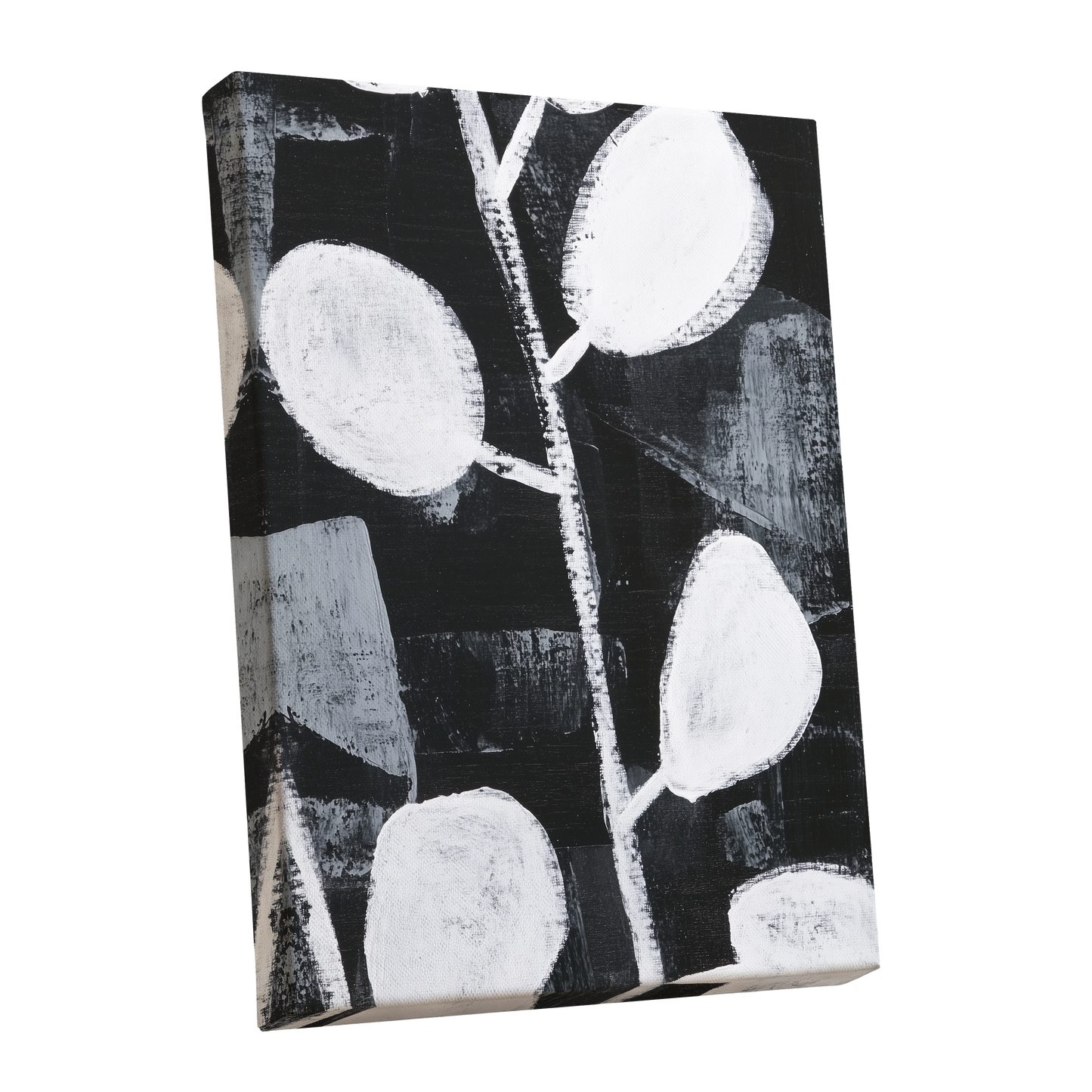Moonleaf Nocturne, black, white, gray nature wall art shown as a stretched canvas wall art