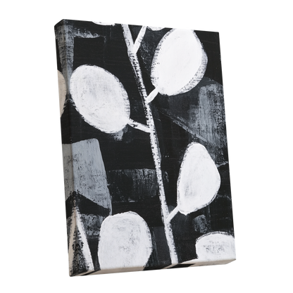 Moonleaf Nocturne, black, white, gray nature wall art shown as a stretched canvas wall art
