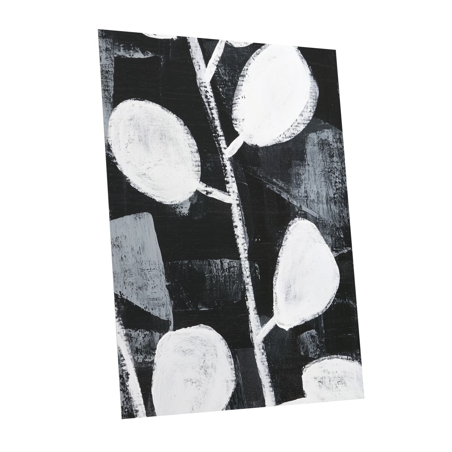 Moonleaf Nocturne, black, white, gray nature wall art shown as a unframed poster wall art print
