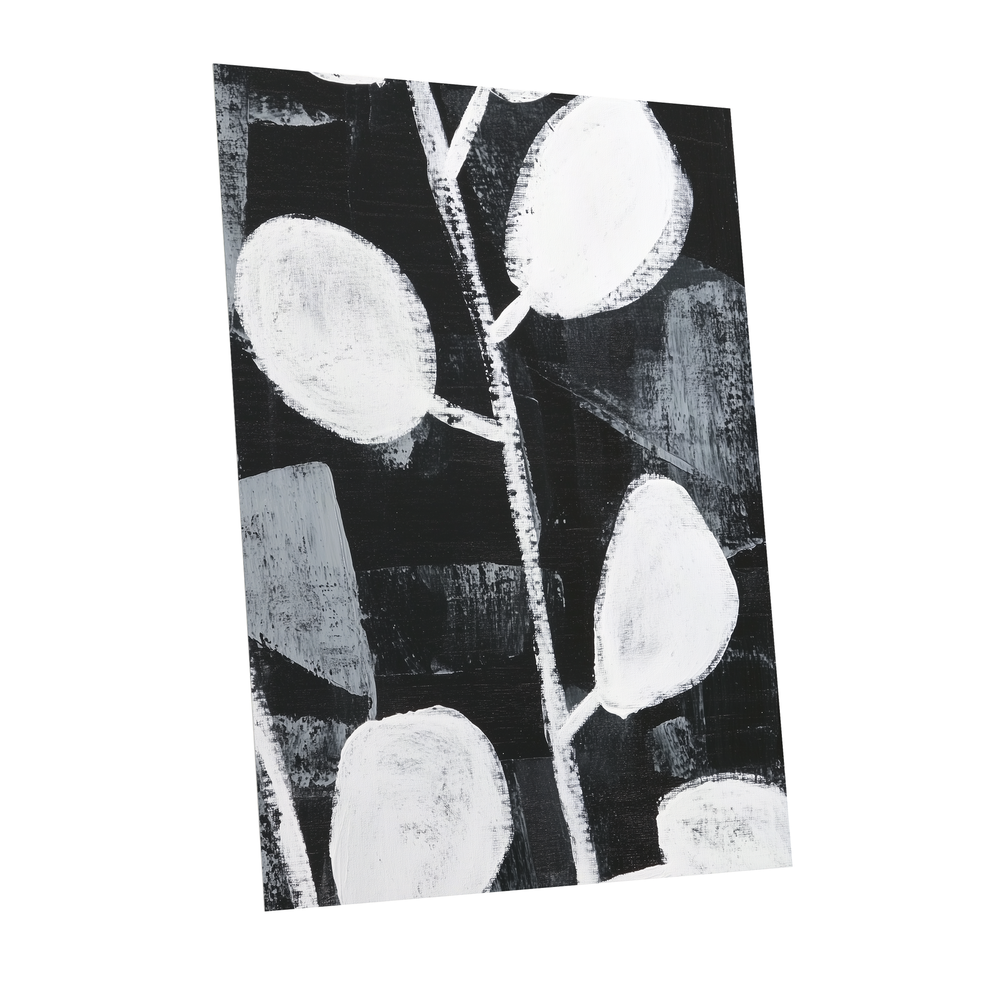 Moonleaf Nocturne, black, white, gray nature wall art shown as a unframed poster wall art print