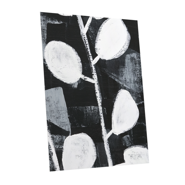 Moonleaf Nocturne, black, white, gray nature wall art shown as a unframed poster wall art print