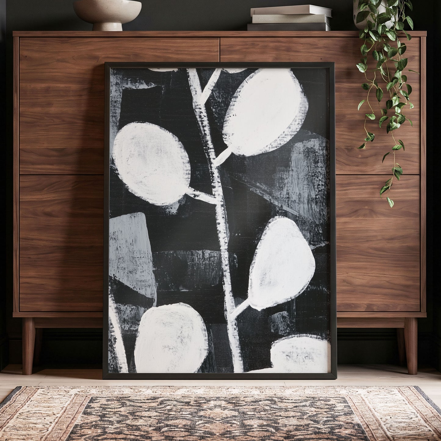 Moonleaf Nocturne, black, white, gray nature wall art displayed in a styled interior, gallery view 2