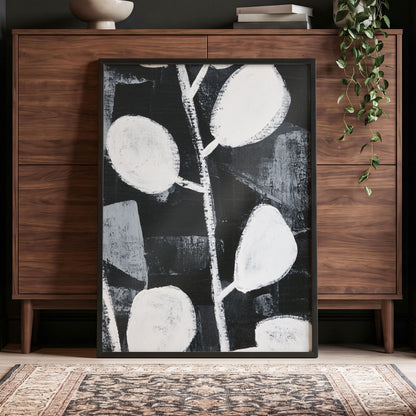 Moonleaf Nocturne, black, white, gray nature wall art displayed in a styled interior, gallery view 2