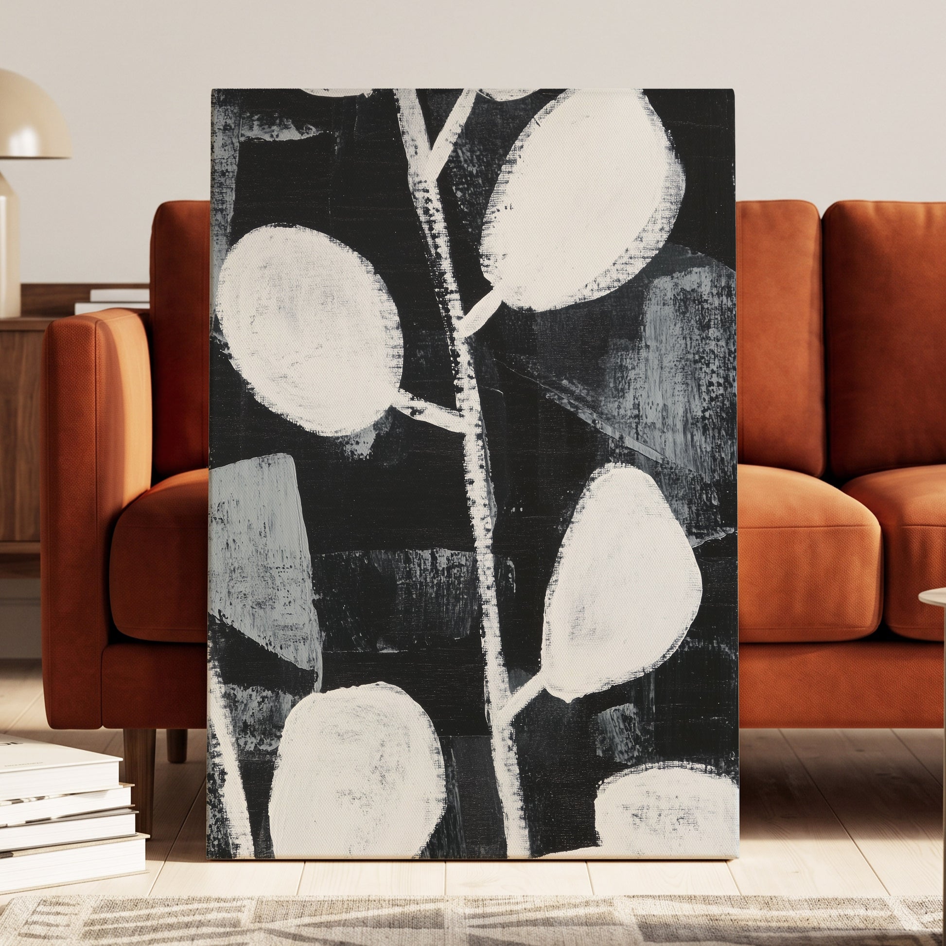 Moonleaf Nocturne, black, white, gray nature wall art displayed in a styled interior, gallery view 3