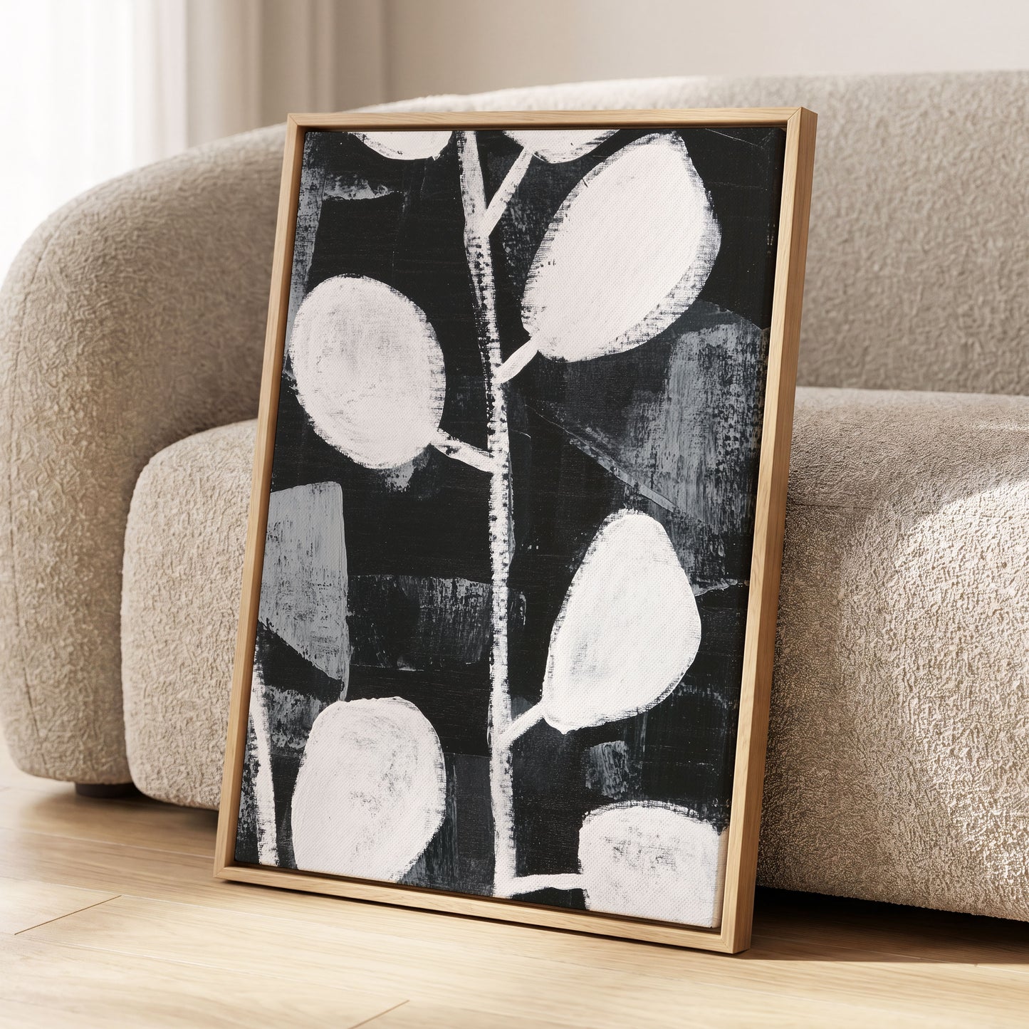 Moonleaf Nocturne, black, white, gray nature wall art displayed in a styled interior, gallery view 4