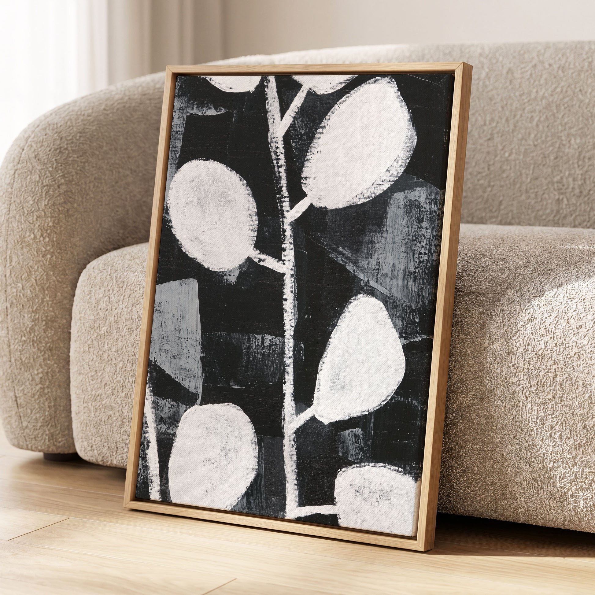 Moonleaf Nocturne, black, white, gray nature wall art displayed in a styled interior, gallery view 4