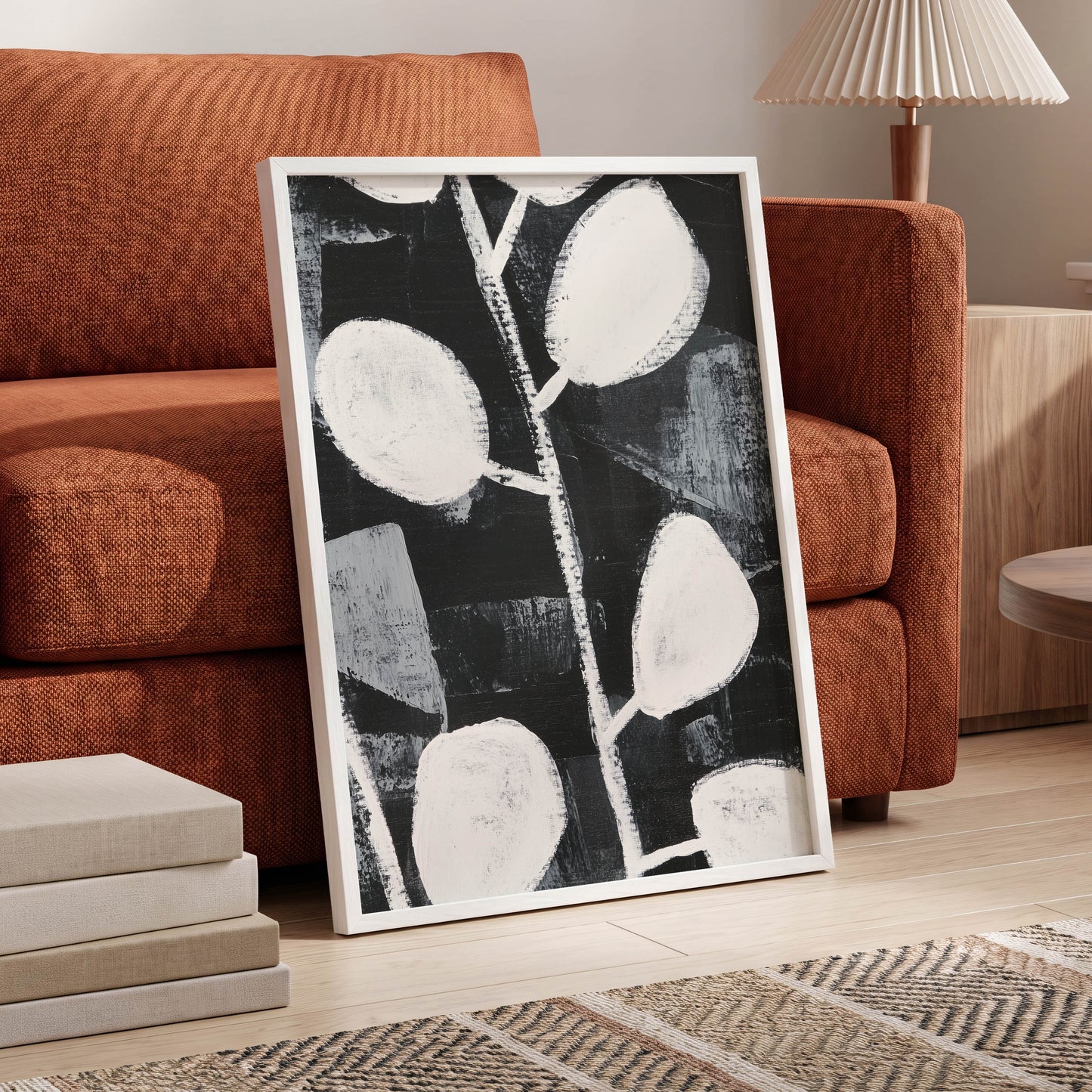 Moonleaf Nocturne, black, white, gray nature wall art displayed in a styled interior, gallery view 6