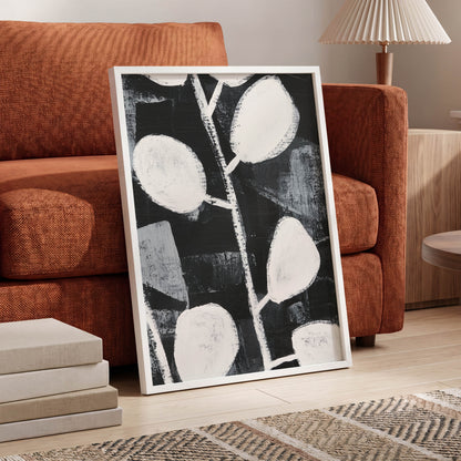 Moonleaf Nocturne, black, white, gray nature wall art displayed in a styled interior, gallery view 6