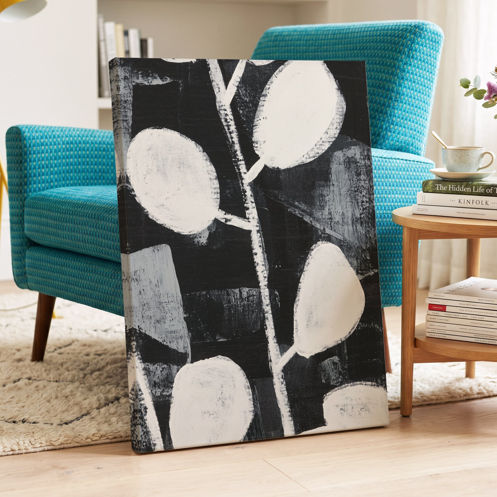Moonleaf Nocturne, black, white, gray nature wall art displayed in a styled interior, gallery view 7