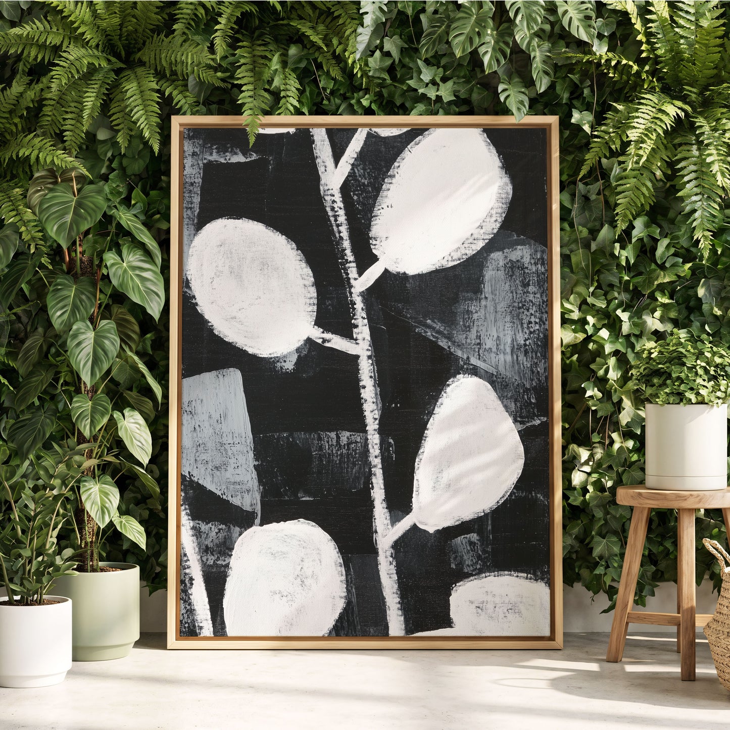 Moonleaf Nocturne, black, white, gray nature wall art displayed in a styled interior, gallery view 8