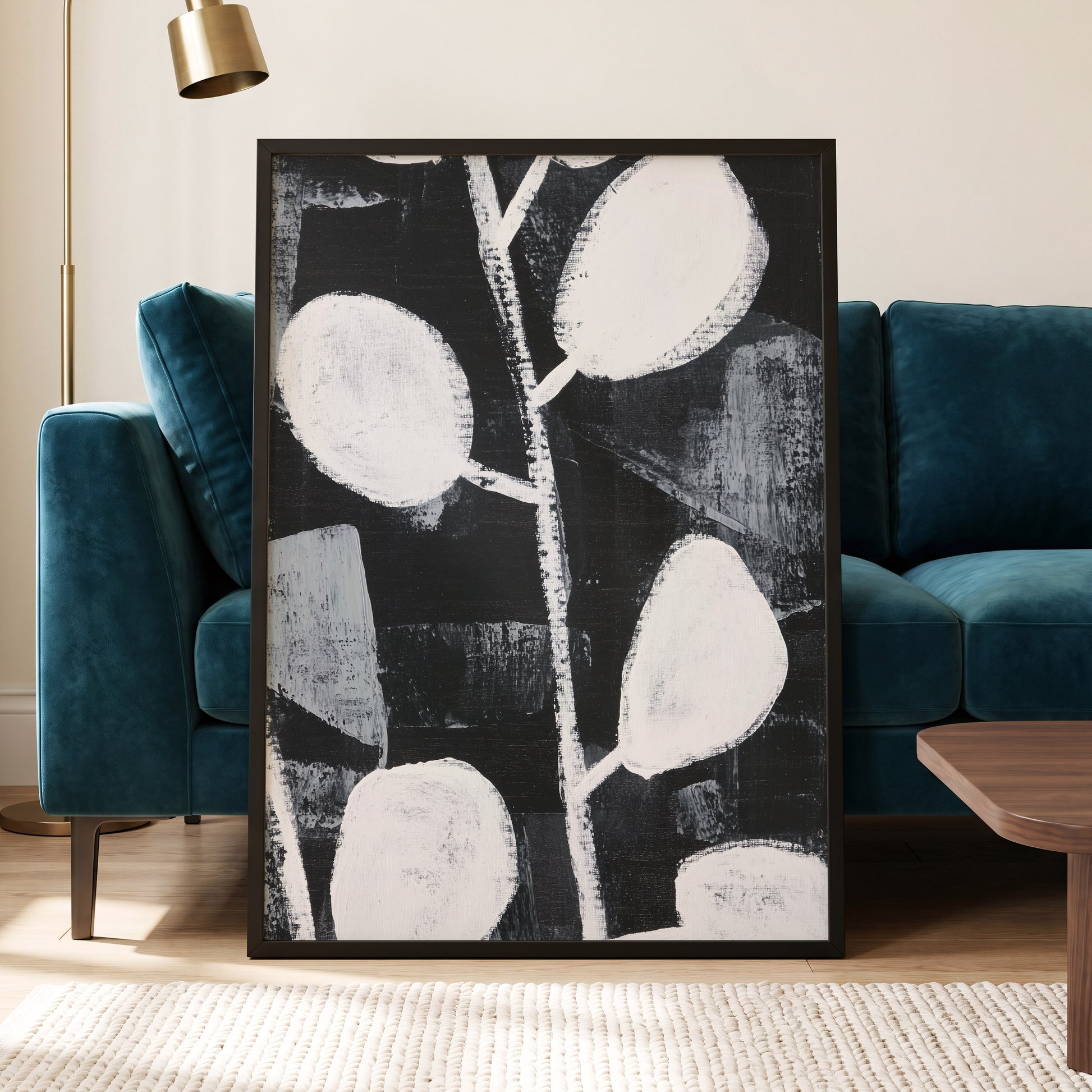 Moonleaf Nocturne, black, white, gray nature wall art displayed in a styled interior, gallery view 9