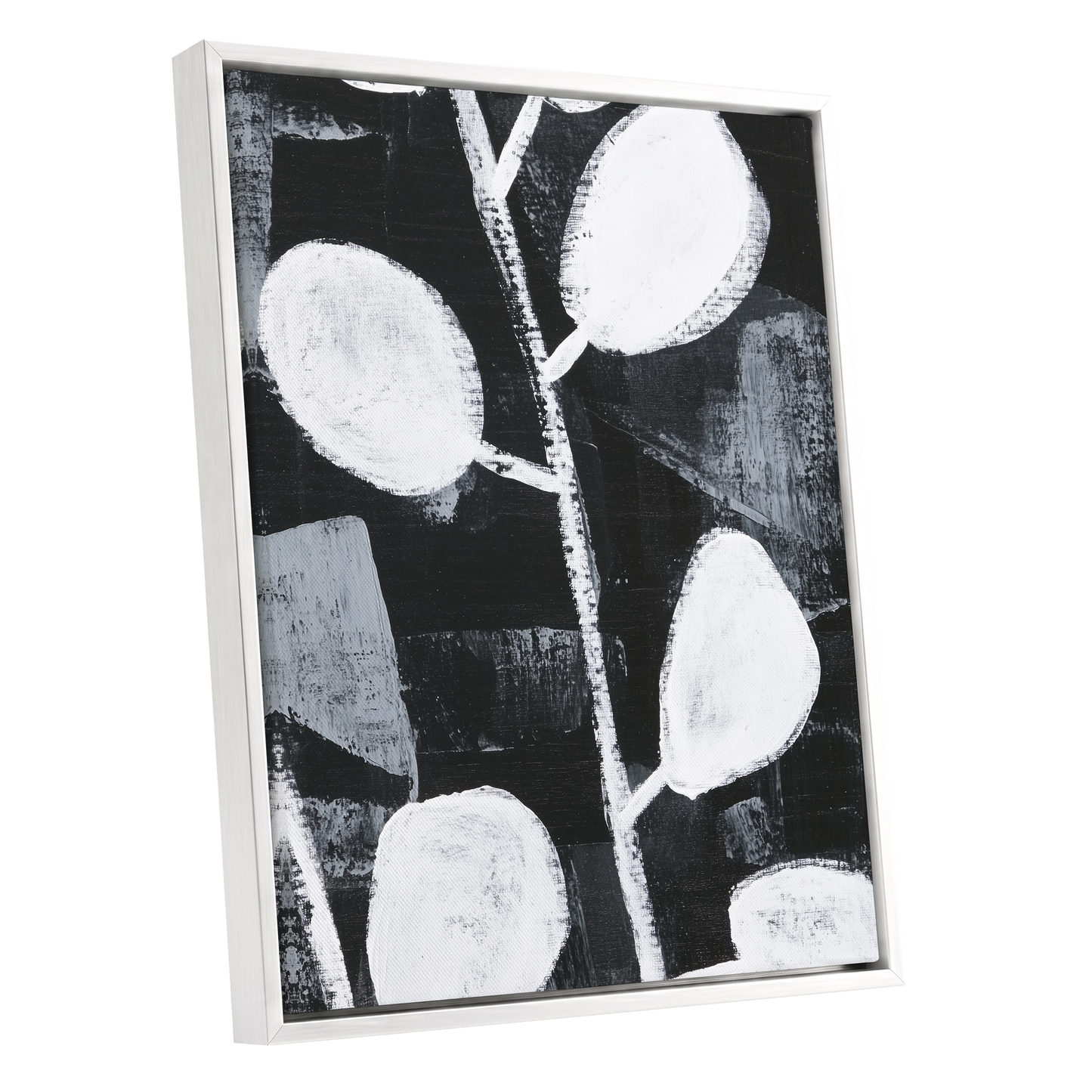 Moonleaf Nocturne, black, white, gray nature wall art shown as a white framed canvas wall art