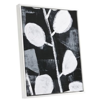 Moonleaf Nocturne, black, white, gray nature wall art shown as a white framed canvas wall art
