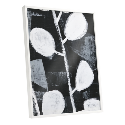Moonleaf Nocturne, black, white, gray nature wall art shown as a white framed poster wall art print