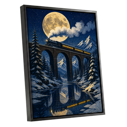 Moonlit Alpine Express, blue, gold, white nature wall art shown as a black framed canvas wall art