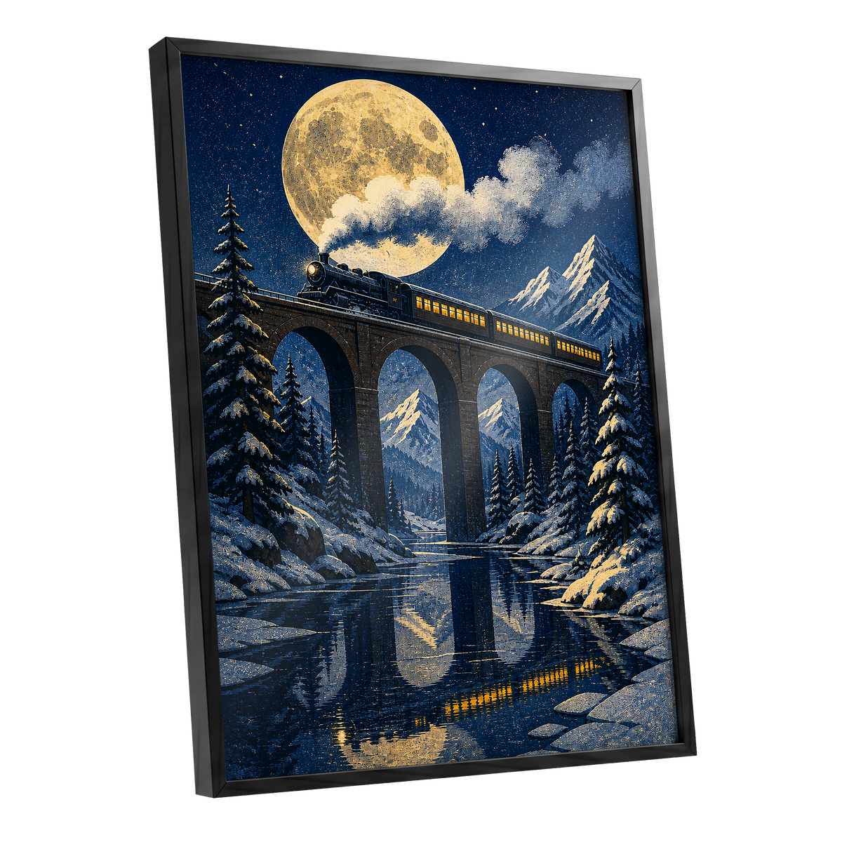Moonlit Alpine Express, blue, gold, white nature wall art shown as a black framed poster wall art print