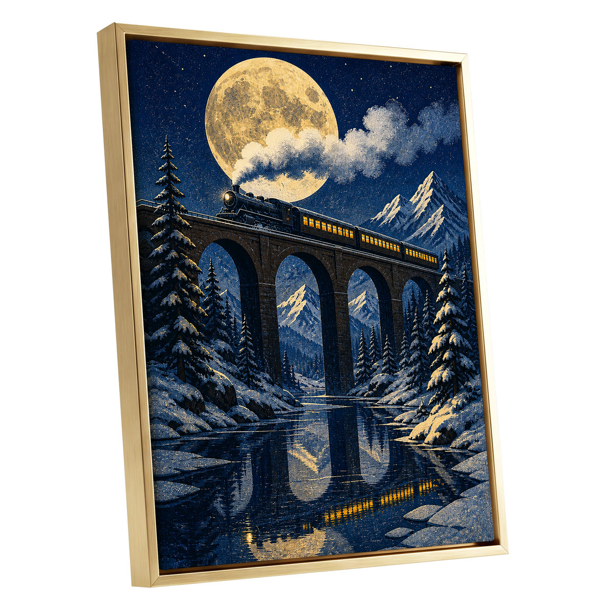 Moonlit Alpine Express, blue, gold, white nature wall art shown as a gold framed canvas wall art