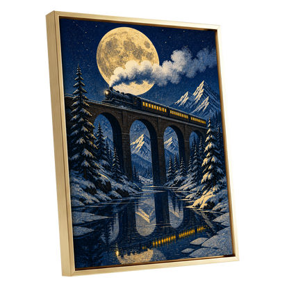 Moonlit Alpine Express, blue, gold, white nature wall art shown as a gold framed canvas wall art