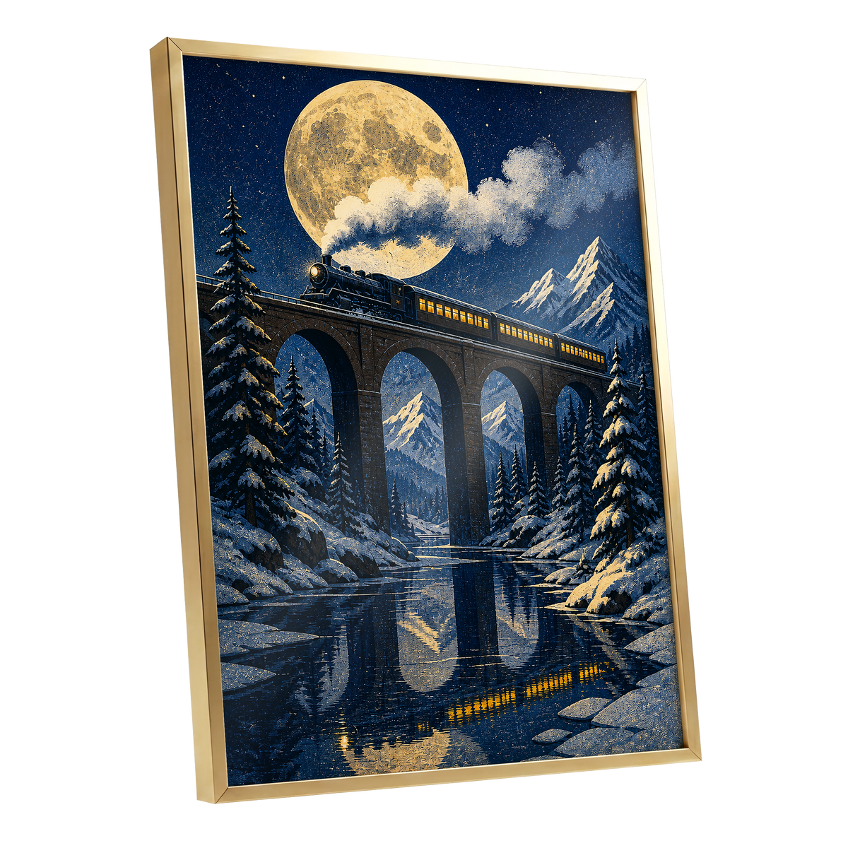 Moonlit Alpine Express, blue, gold, white nature wall art shown as a gold framed poster wall art print