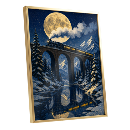 Moonlit Alpine Express, blue, gold, white nature wall art shown as a gold framed poster wall art print