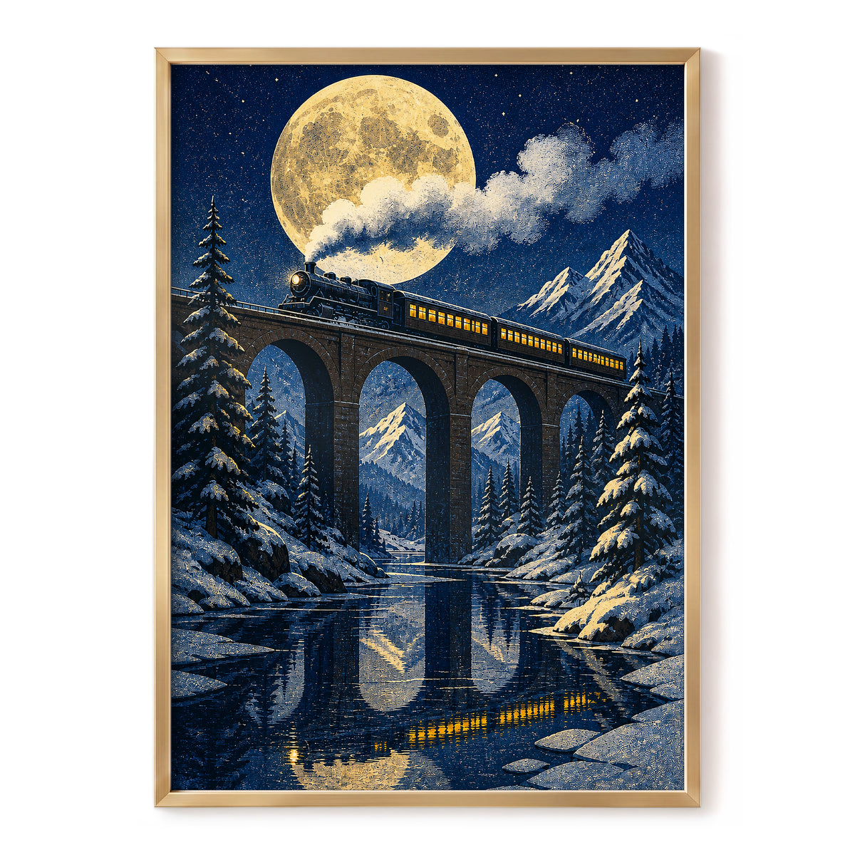 Moonlit Alpine Express, blue, gold, white nature wall art, front artwork view