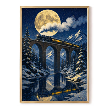 Moonlit Alpine Express, blue, gold, white nature wall art, front artwork view