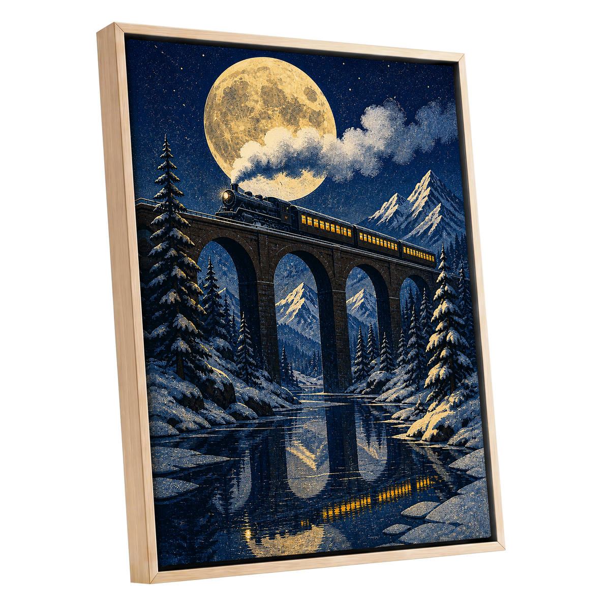 Moonlit Alpine Express, blue, gold, white nature wall art shown as a oak framed canvas wall art