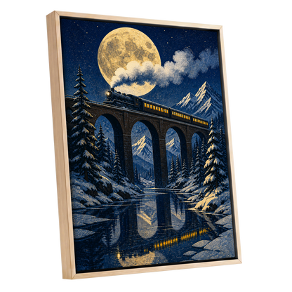 Moonlit Alpine Express, blue, gold, white nature wall art shown as a oak framed canvas wall art