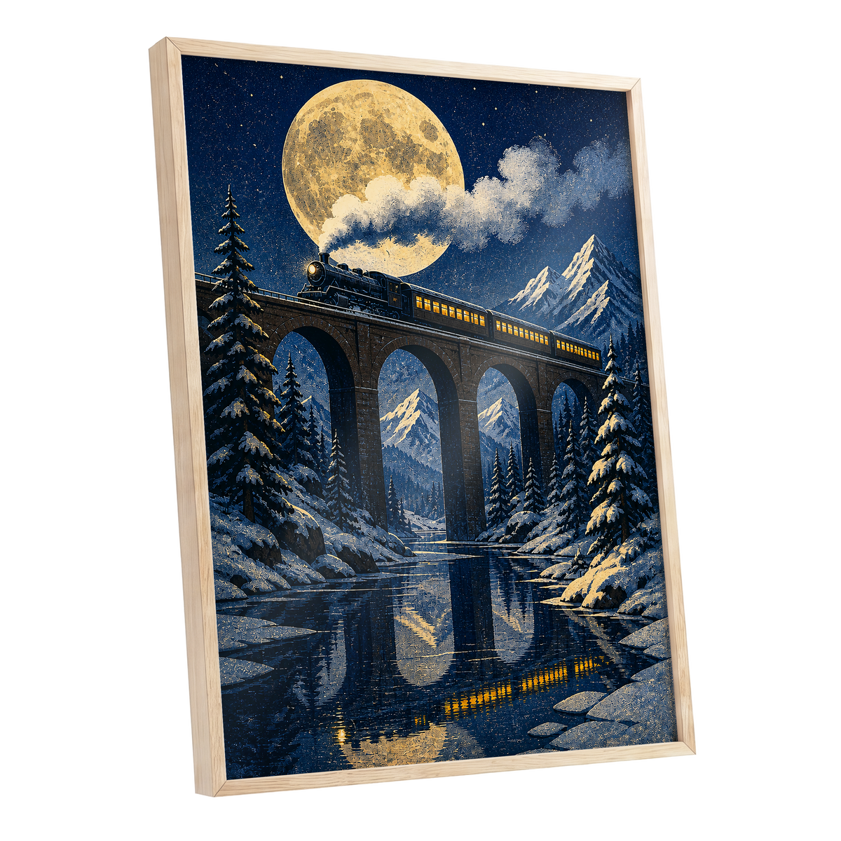 Moonlit Alpine Express, blue, gold, white nature wall art shown as a oak framed poster wall art print