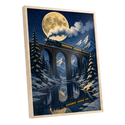 Moonlit Alpine Express, blue, gold, white nature wall art shown as a oak framed poster wall art print